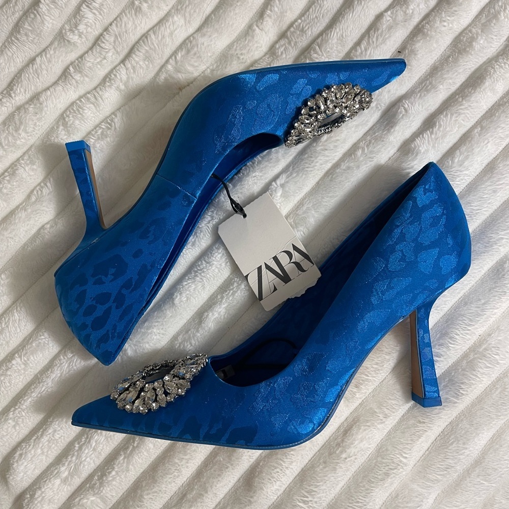 Zara Blue Animal Print Heels with Rhinestone Embellishment - Picture 3 of 14